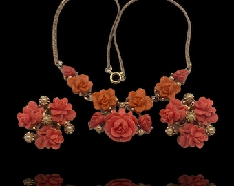 Stunning vtg 1940s Coral Celluloid Rose & tiny pearls necklace and earrings set - molded celluloid in a lovely floral arrangement- Art.609/4