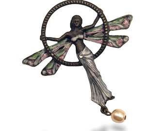 Art Nouveau Inspired Mucha Lady Pin, the butterflies lady in pastel  colors enameled on silver tone setting - art.453/5