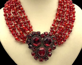 Venetian beauty red gold glass faceted beads in seven strands graduated design necklace w/extraordinary jeweled big clasp- Art.25/5