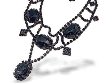 AMAZING Vtg Total Black Rhinestone Festoon glass cameo Necklace- quality Czechs Glass Rhinestone  - Signed Necklace -- Art.939/3 -