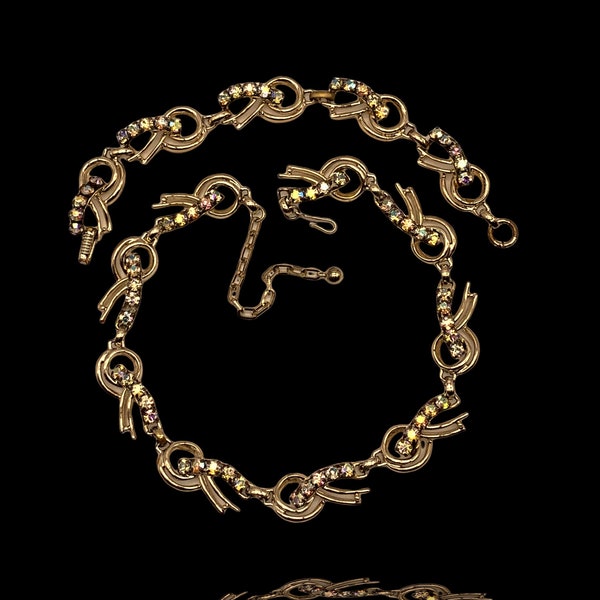 1950s Vintage Pale Goldtone AB Stones Swirl Design Necklace & Bracelet -bright demi set  jewel for bride--Art.245/3-