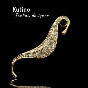 Italian Vtg &quot;Rutino&quot; signed figural brooch,Seahorse design pin, crystal & gold/silver plate brooch, designer pin vintage jewelry-art.49/5