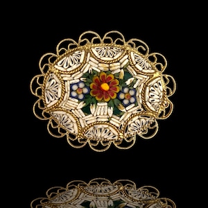 Wonderful Italian Floral micro mosaic Large Oval Brooch - 1950s splendidly detailed artistic Florentine micro mosaic brooch pin -Art.311/4-