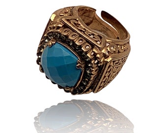 Renaissance opulence large  Cocktail Ring 925 silver plated 9kt gold  - turquoise stone & cubic zirconia, great quality ring --Art.392/3 -