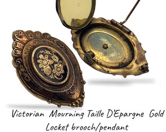 Antique Victorian Oval Mourning Taille D'Epargne Gold Locket brooch/pendant, Floral Etched black enamel-- art.164/5