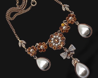 Edwardian revival Topaz flowers pearls festoon  Necklace-Awesome unique piece Italian Artisan Jewelry Signed from Florence-285/4
