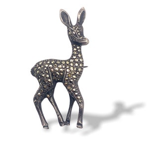Deer Fawn Figural Pin Brooch Marcasites Fine 925 marked Design, Italian Vintage Jewelry - 1920 sweet Bambi figural brooch - Art.586/4