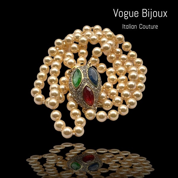 Collier de perles 2 rangs style moghol signé VOGUE BIJOUX avec pierres Gripoix - Détails design subtils et fabrication de première classe - Art.735/6
