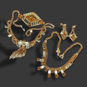 Vtg Parure 4 Piece Lemon Yellow Burnt Orange Rhinestone Necklace ...