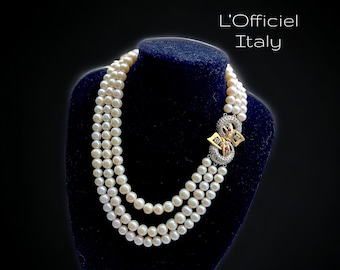 Italian luxury jewelry L'Officiel signed pale Ivory luster colture Pearls 3 strands necklace ornate by elegant jeweled clasp - art.100/7