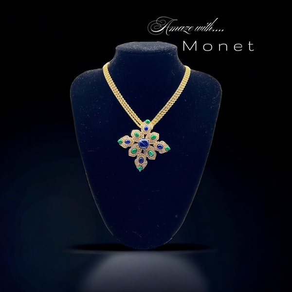 MONET Vintage Designer Gold Tone Mogul style pendant Necklace  - Statement Ornate pendant  with beautiful stones - Art.142/7