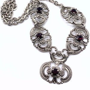Exquisite Vintage Art Nouveau GARNET GEMSTONE silver tone Necklace - English 1930s original Necklace -- Art.705/3 --