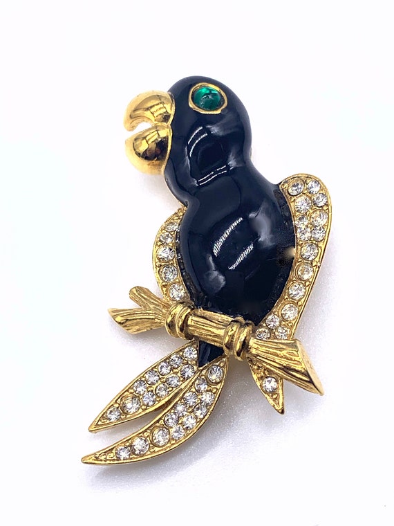 SPHINX Jeweled Parrot bird figural pin Glossy bla… - image 4