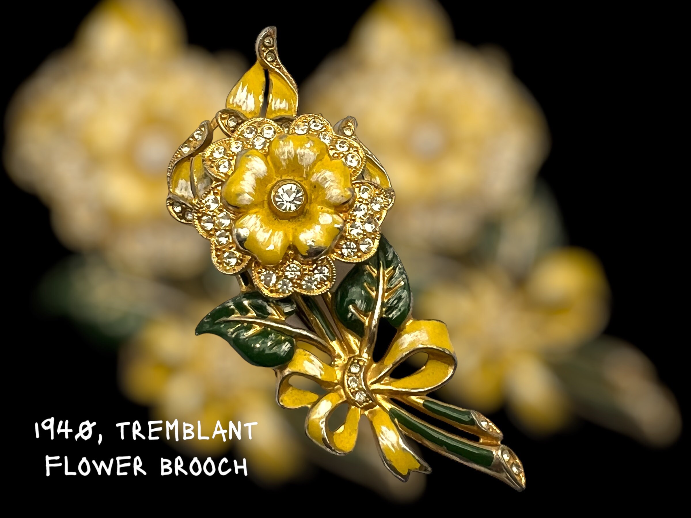 1940 En Tremblant Enameled Bloom Rhinestones Flower Brooch