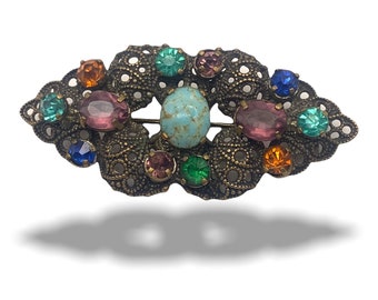 Art Deco CZECH Glass Brooch FILIGREE  Multicolor - 1930 Antique  Neiger brooch - for the collector-- Art.146/3 -