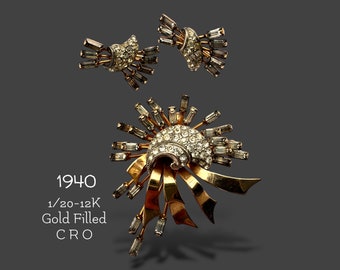 CRO 12k Gold Filled Vintage 40's clear & smoky grey Rhinestone Set- Charles Reis 12K gold-filled 1940s brooch earrings set - art.113/7