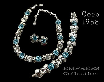 CORO  Demi-Parure "EMPRESS" 1958 vintage Necklace, Bracelet and Earrings set - sparkling blue f chatons and silver tone setting -Art.876/6