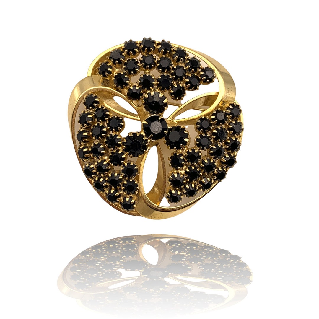 Broche vintage à pampilles et strass dorés - Broche pendante en strass