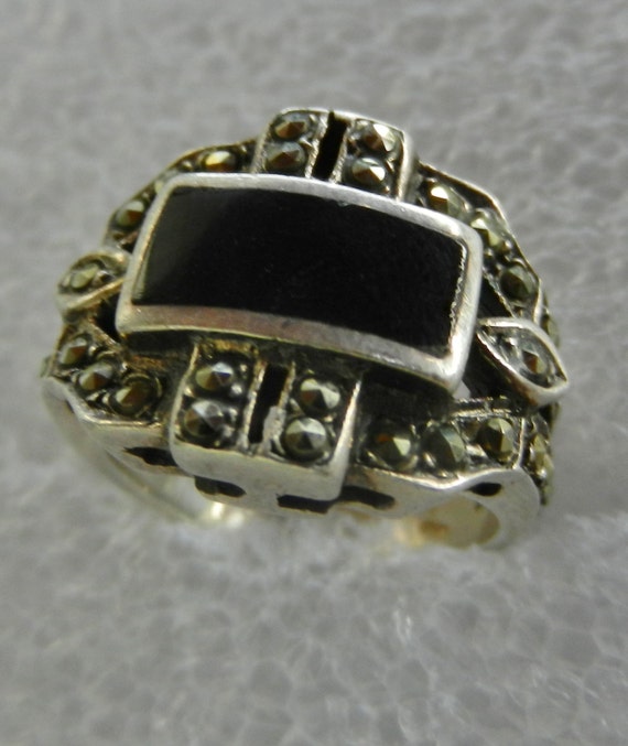 1920s Marcasite and Black Onyx Deco Ring - Fascinating