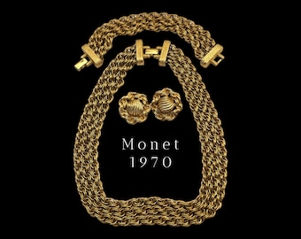 Monet Textured rope design Chain Necklace, Bracelet & Earrings, Gold Tone Triple Strand set, Bold Statement Couture Jewelry --art.920/6