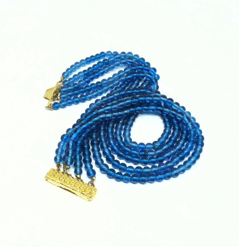 art.196 sleek cascaded design Necklace vintage 1950s Five Strands quality glass beads in vibrant turquoise color