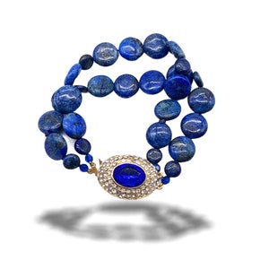 Alluring color and glam in 2-strands natural Lapis Lazuli stones bracelet - Dazzling  crystal clasp -1970s vintage Unique Piece-Art.503/2 -