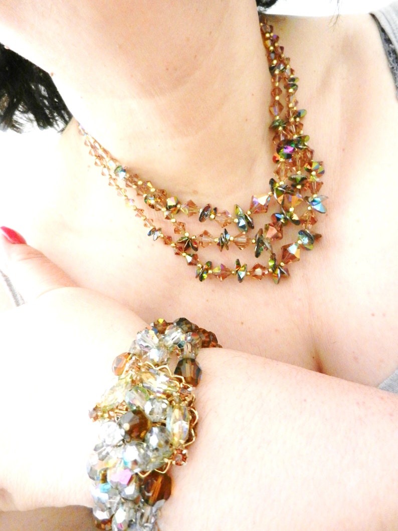 Aurora Borealis Beaded 3 strands cascaded necklace and Wraparound Bracelet set Art.2445 demi-set collectibles