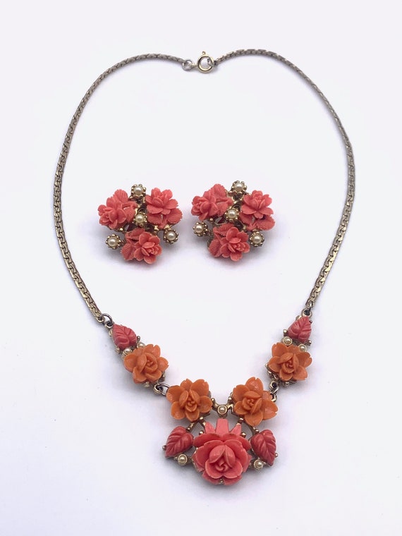 Stunning vtg 1940s Coral Celluloid Rose & tiny pe… - image 7