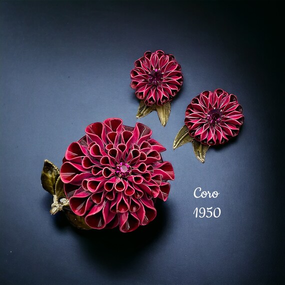 CORO 1950s enameled dahlia Brooch & earrings demi… - image 2