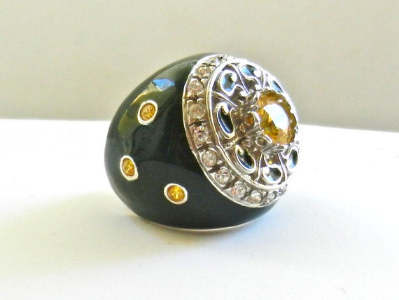 Showy large solid Ring 925 silver - enamel & crys… - image 4