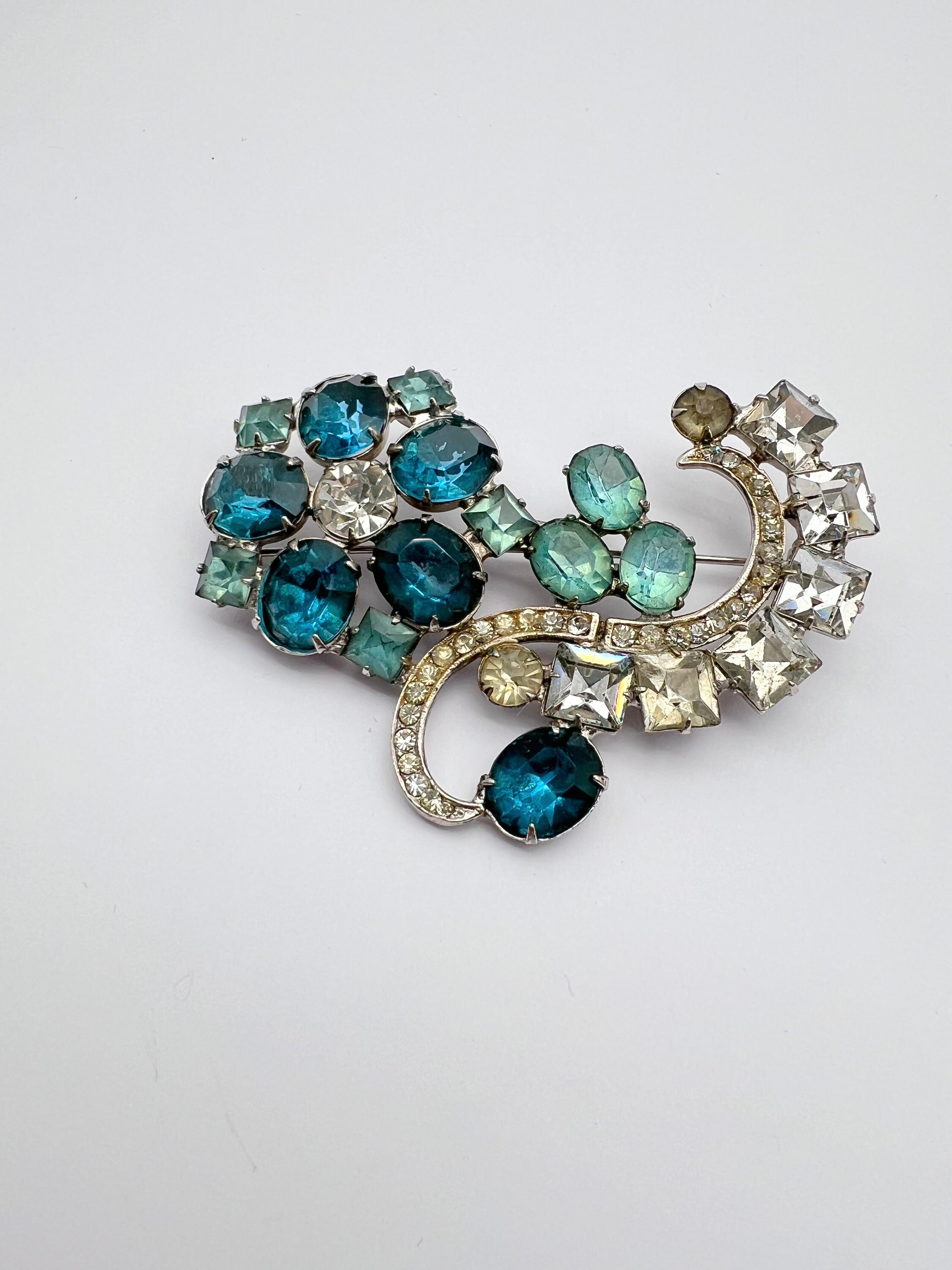 Vintage Signed Joseph Wiesner Deco Pin- Aqua and Clear Rhinestone