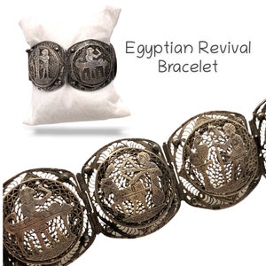 Gorgeous vintage Egyptian revival 800 silver extra elaborate 5  filigree panels bracelet with hand carved ancient Egyptian motifs-Art.822/4