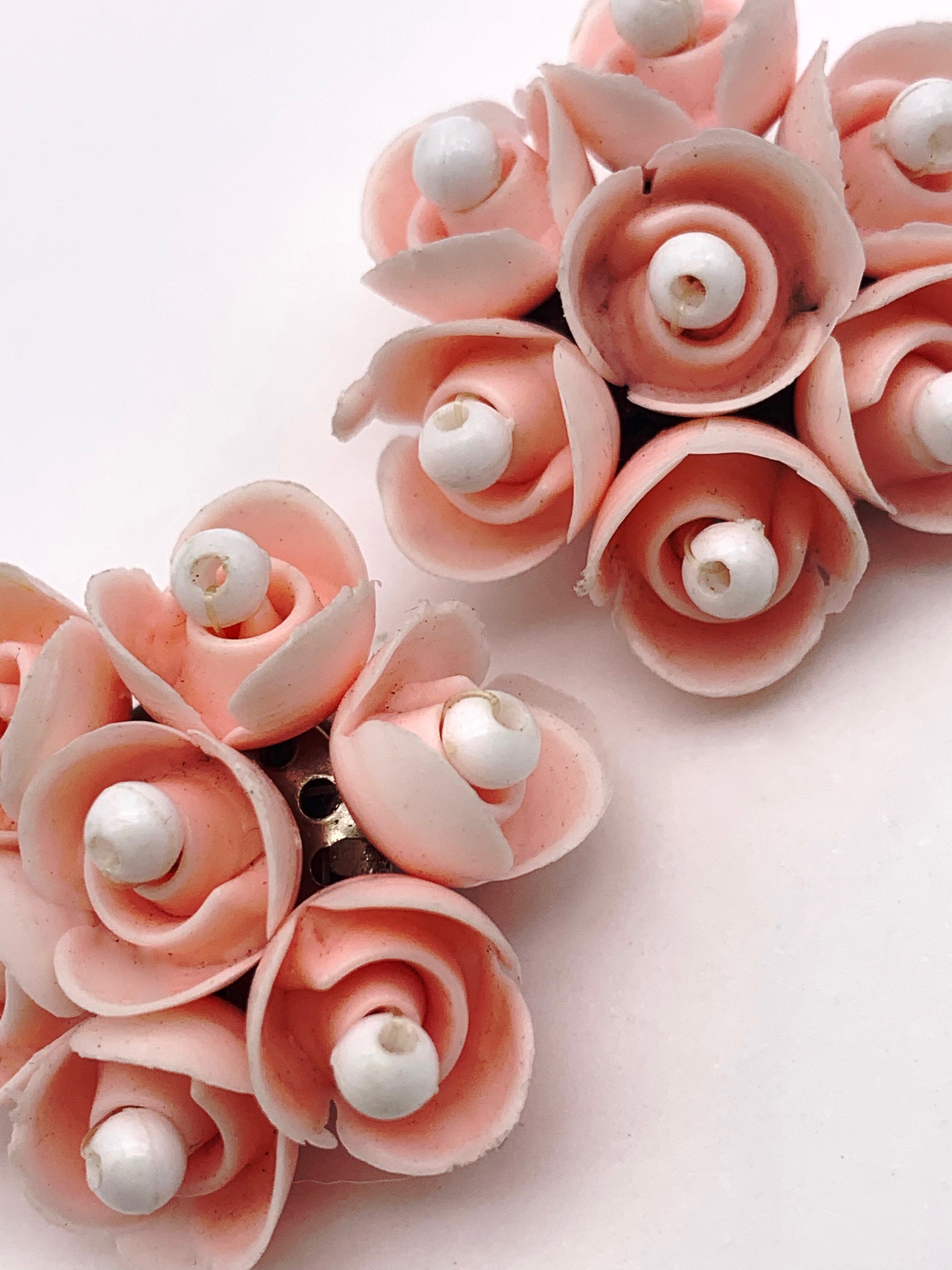 Boucles D'oreilles Clips Vintage En Celluloïd - Fleurs Roses Et Vertes - Anciennes Sans Défaut