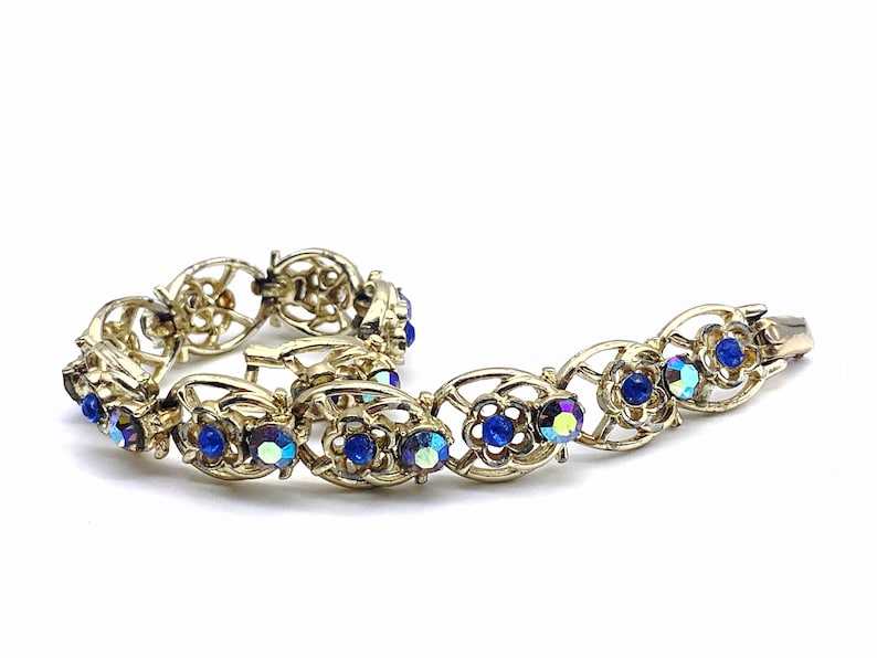Coro Signed blue & pale blue AB Rhinestone Flower Bracelet beautiful 1950 vintage bracelet in a dazzling flowers design art.548/3 image 10