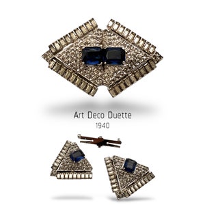 Diamanté Art Deco jurkclips of broche met helder kristal en niet-verijdelde blauwe nacht-smaragd geslepen stenen - verzameljuweel - art.712/6