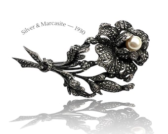 1930 Antique real Marcasite Pyrite and pearl 800 silver Brooch - exquisite Italian Rose Flower brooch - Art.566/7