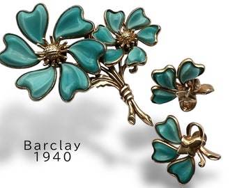 Vintage Barclay Signed turquoise blue Art Glass floral set,  A rare large and heavy Brooch & Earring Set --Art.888/6