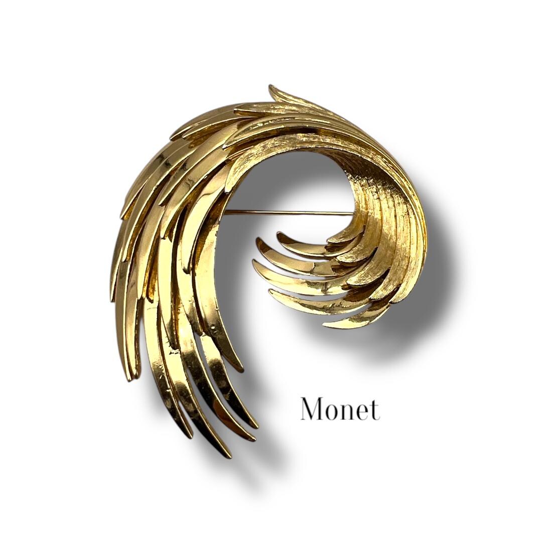 Broche Vintage Monet - Branche Et Feuilles Métal Doré/oxydé - Signée - USA - Occasion