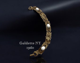 Goldette Art Nouveau Style Robin egg white chalk  color cabochons Bracelet - Oak Leaves design Link Bracelet -- art.587/4