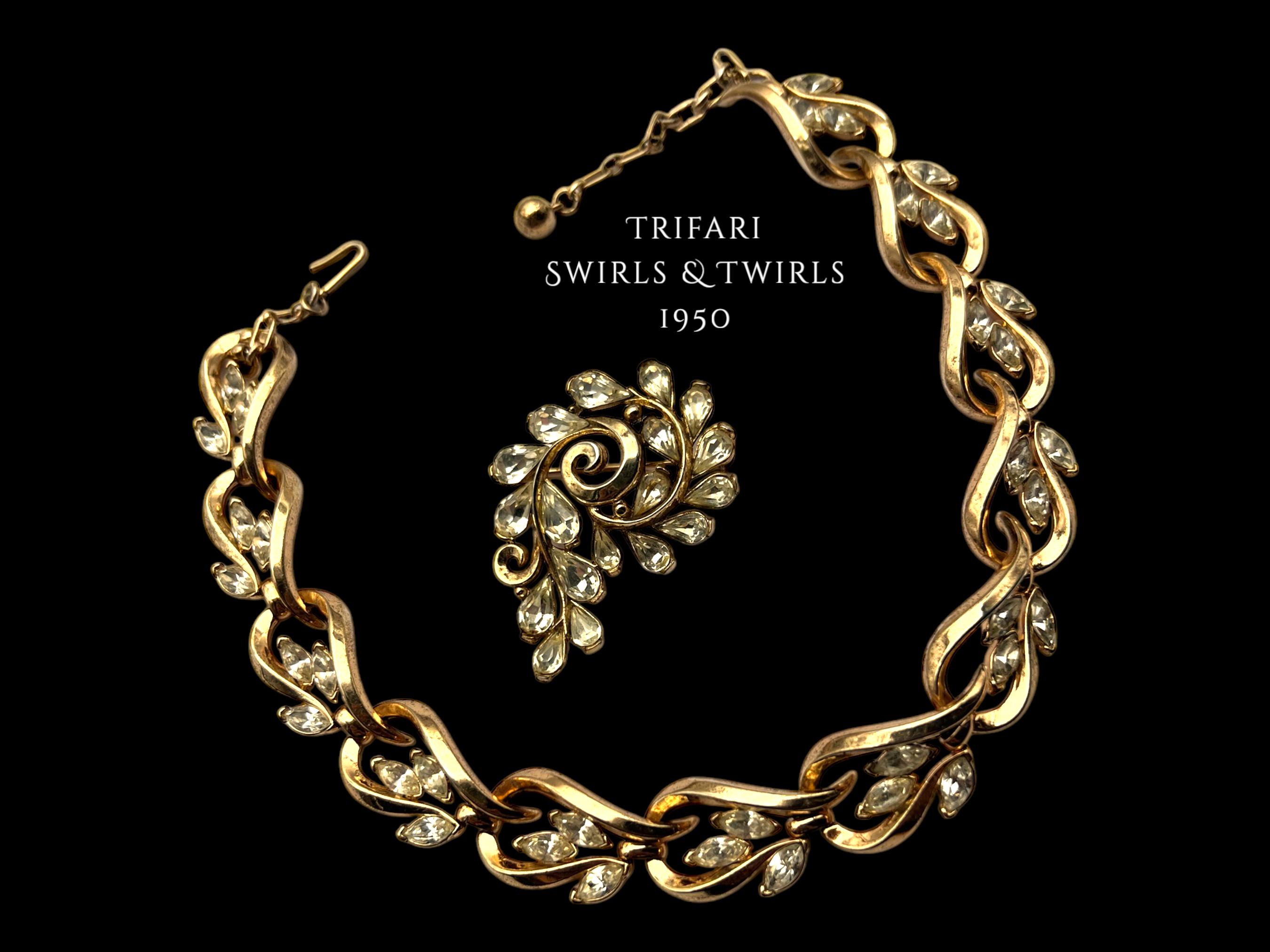 Trifari 1950s 'swirls & Twirls' Glittery Necklace and Brooch Demi