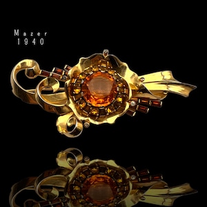 MAZER signed Amazing 1940s vintage  dimensional  4" figural flower brooch- gold rhodium plated and glass Topaz stones-art.726/6