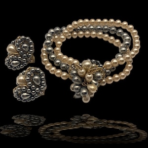 1960 Vintage 3 strand Bracelet & Earrings set in elegant Haskell style  - pearl gray and ivory Demi Parure , for retro elegance-Art.504/2-