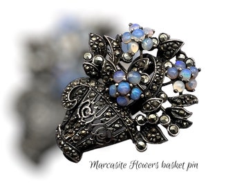 Flower Basket  Marcasite & faux Opal Giardinetti Brooch  Art Deco 1930-40 Jewelry Pin/pendant  Silver  Vintage-Art.105/7