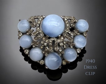 1940 Art Deco fan-shaped design dress/fur clip in silver rhodium finish and glass Moonstones  with  clear Diamantè accent -- art.128/7