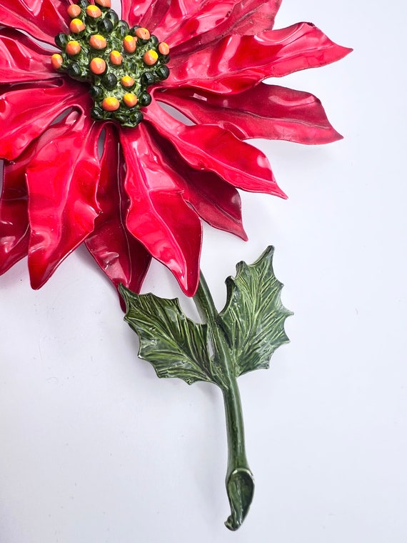 Stunning Vivid enamel red Poinsettia Christmas Fl… - image 8