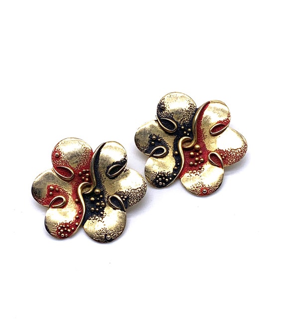 Boucles D'oreilles Clips Vintage En Métal Doré Et émail - Signées Orena (occasion)