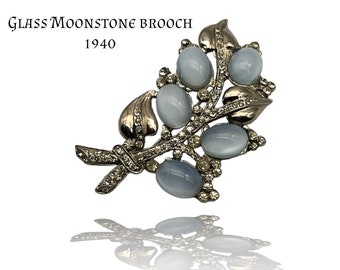 Vtg Moonglow Glass Brooch branch overflowing with berries and crystals Light Blue Cabochon Silver Tone - awesome unsigned beauty-Art.38/7