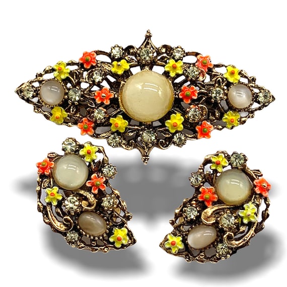 Vintage Signed Star-Art Gold Filled Amber and Citrine Rhinestones Brooch Screwback Earrings Demi Parure set