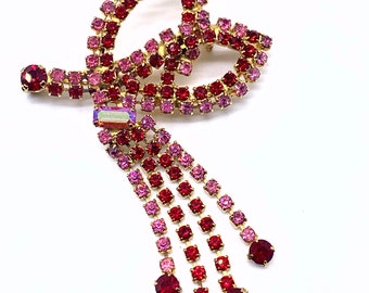 Exquisite large Ribbon/bow shaped 1950s brooch, with prong set rhinestones in vibrant  pink and red - Very good Quality - Art.07/5