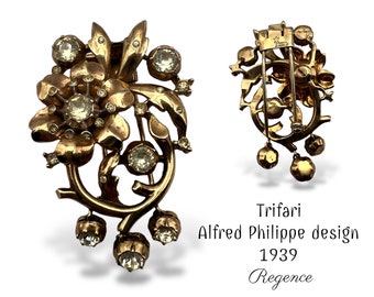 Trifari Alfred Philippe Regence Georgian Style Flower Clip Brooch with dangle - patent 151,544 - Art.950/6